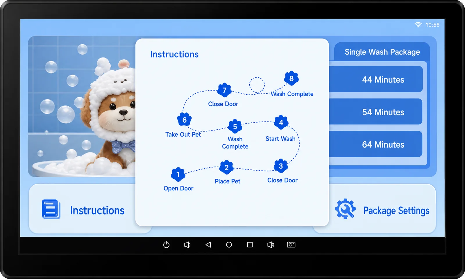 pet wash machine touchscreen showing wash packages by length and a package settings button