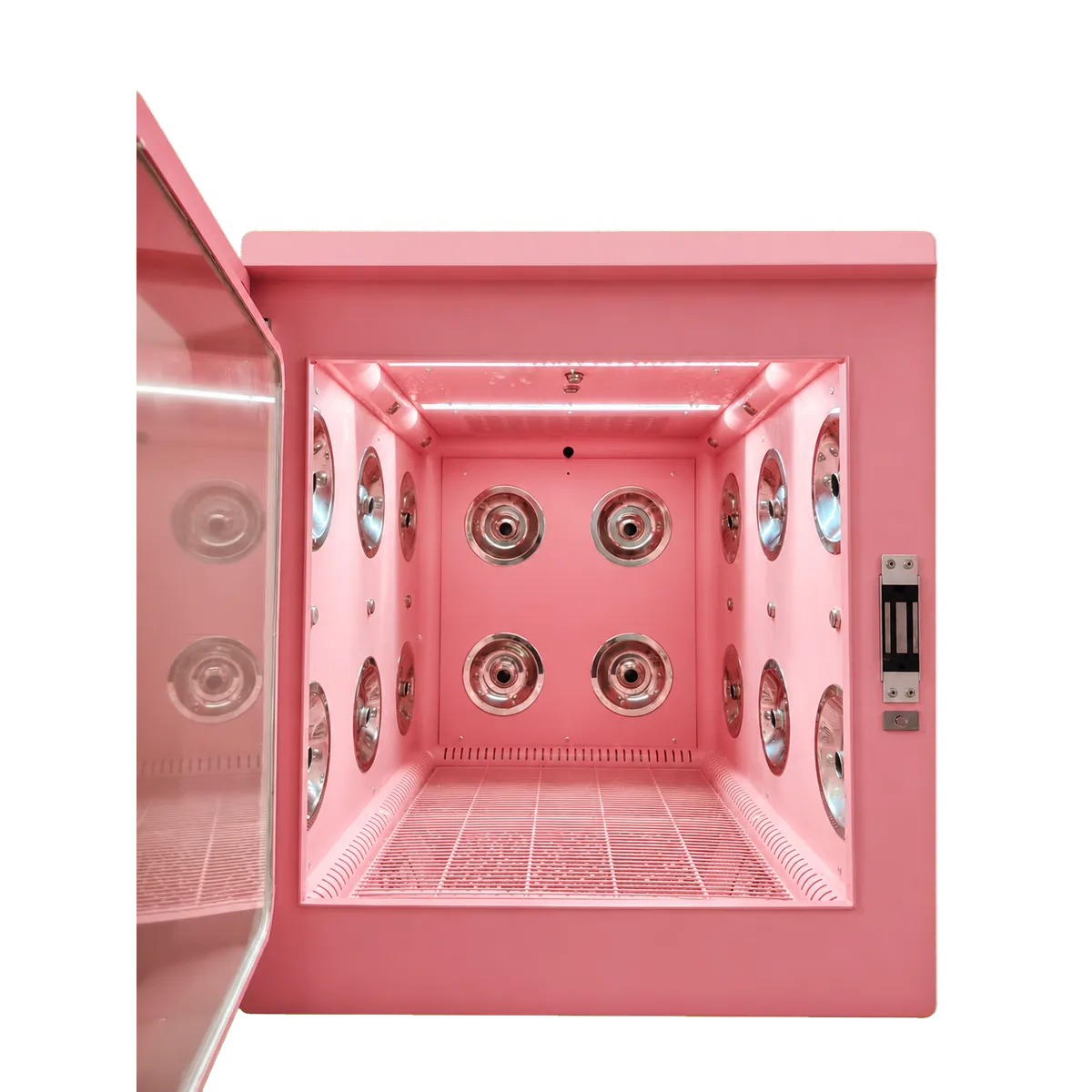washing chamber of the automatic pet wash machine with spray and drying outlets on every wall