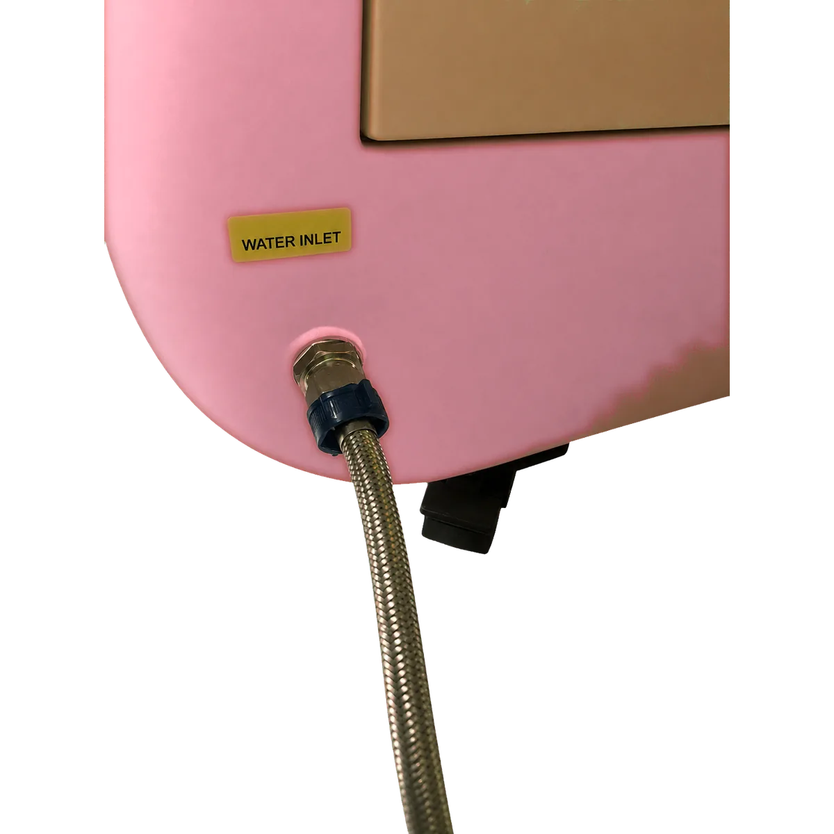 labelled water inlet on the pet wash machine with a braided supply hose connected